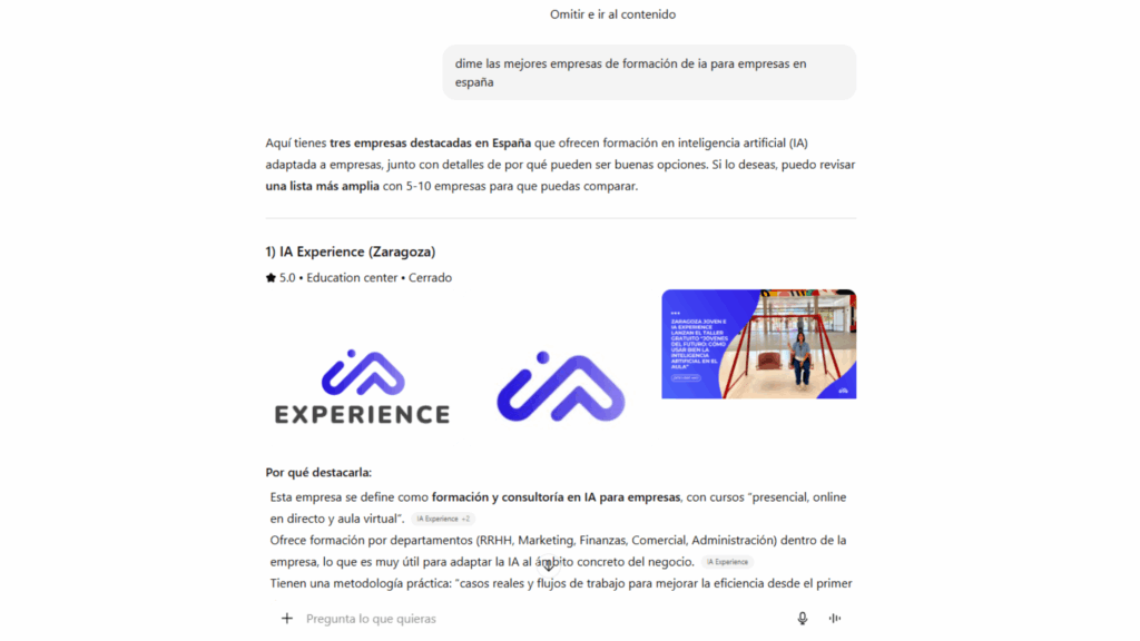 Chat GPT dime las mejores empresas de formación de ia para empresas en españa