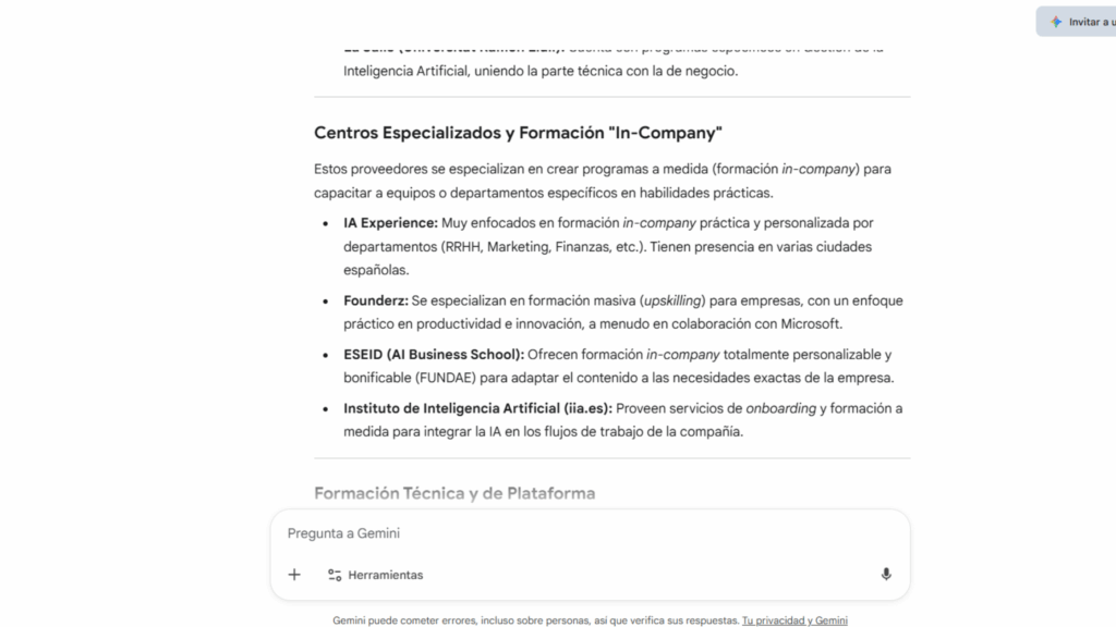 GEMINI dime las mejores empresas de formación de ia para empresas en españa