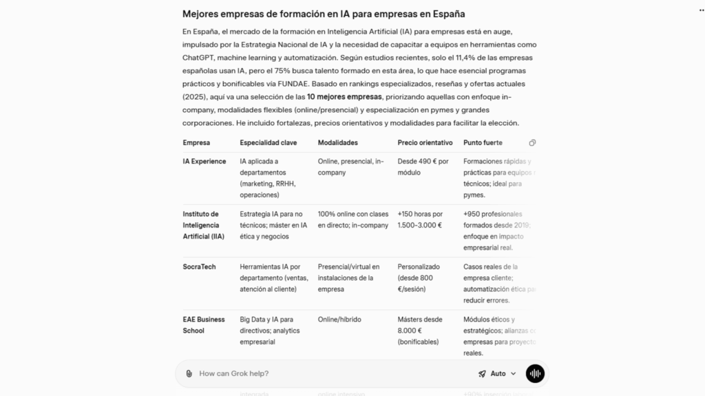 GROK dime las mejores empresas de formación de ia para empresas en españa